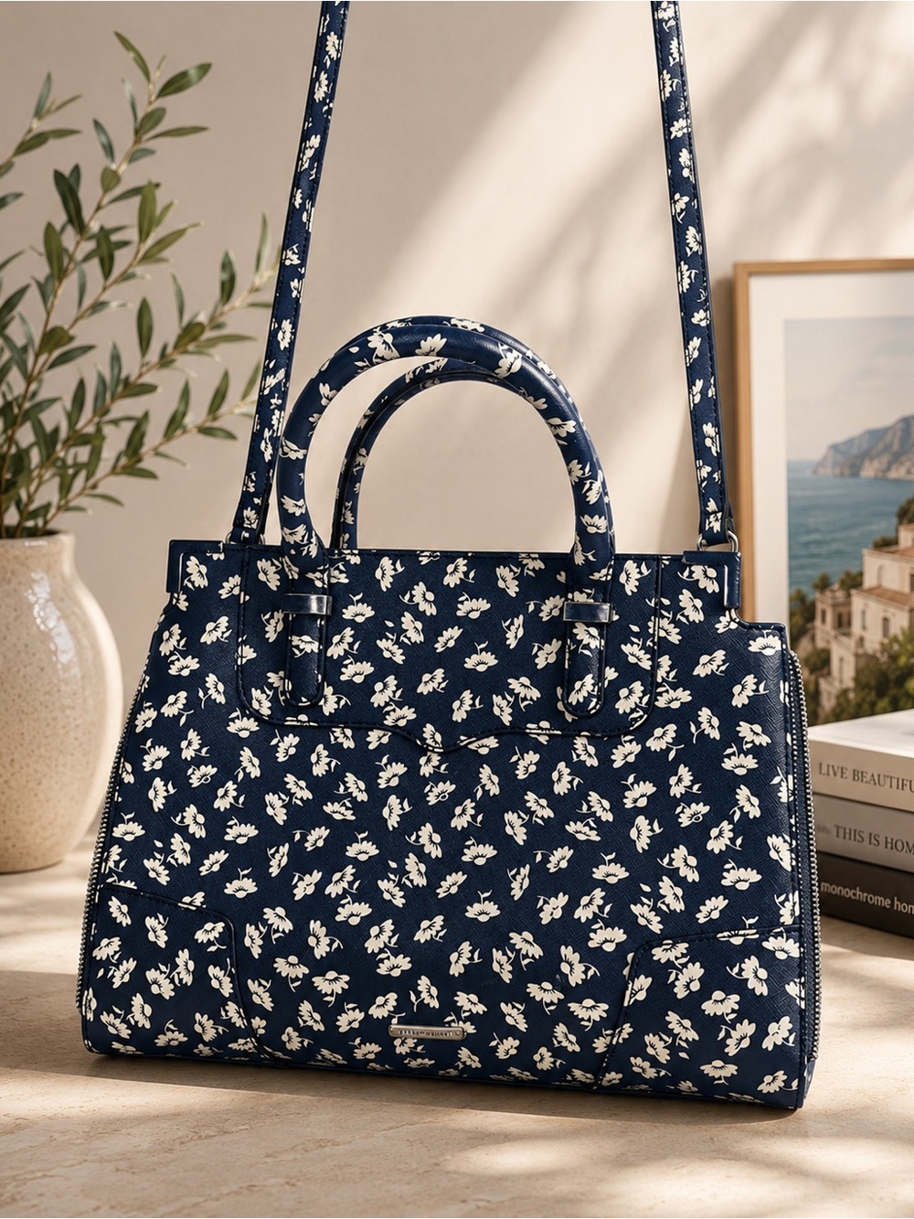 Rebecca Minkoff Amorous Satchel Crossbody Tote NavyWhite Floral Saffiano Leather